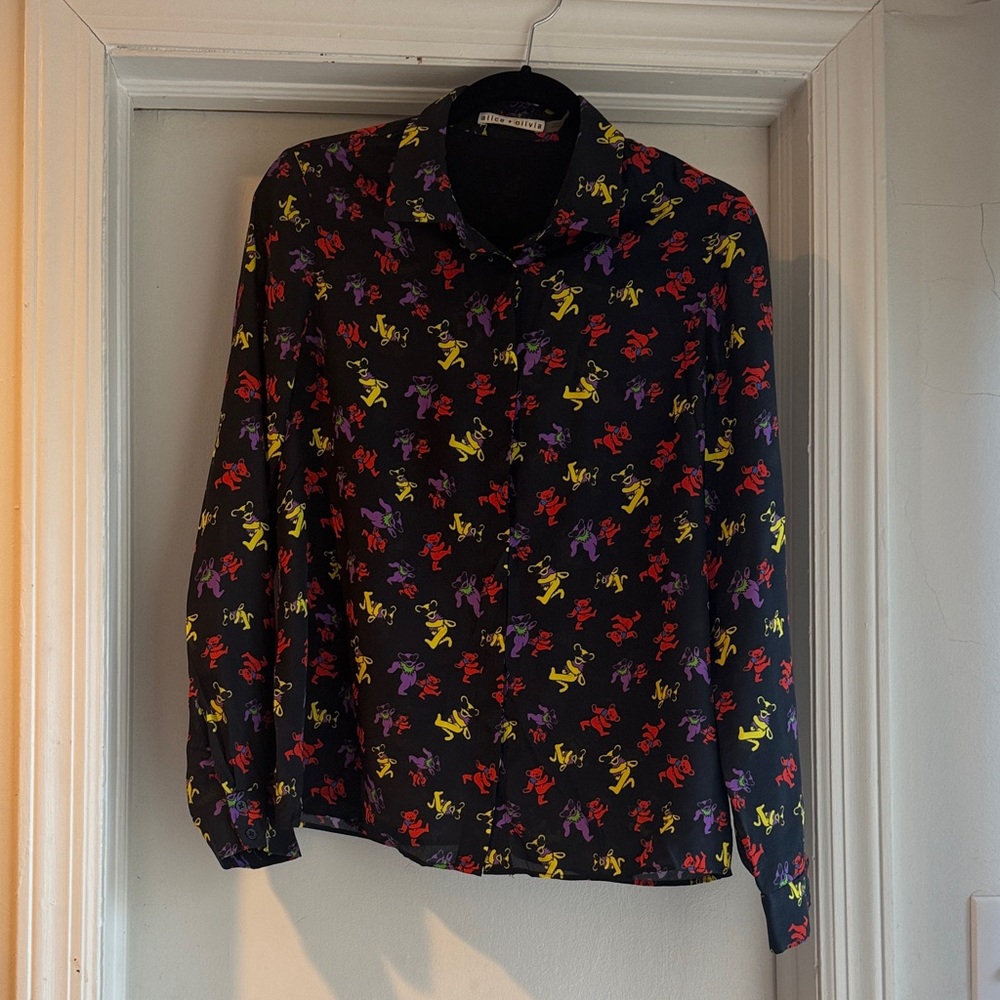Alice + Olivia Black Silk Button-Down Shirt Grateful Dead Dancing Bears Print